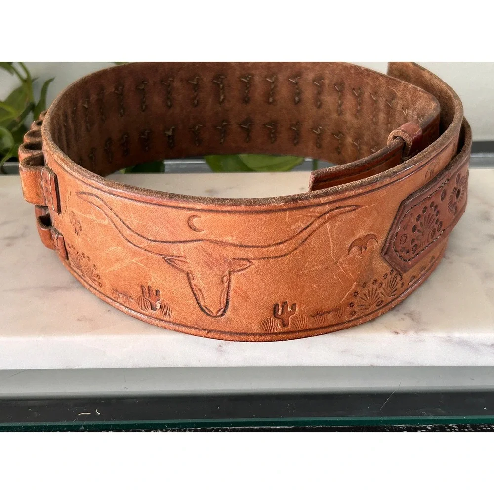 Vintage Tooled Leather Cartridge Belt Western Cowboy Longhorn Cactus 36 Inch
